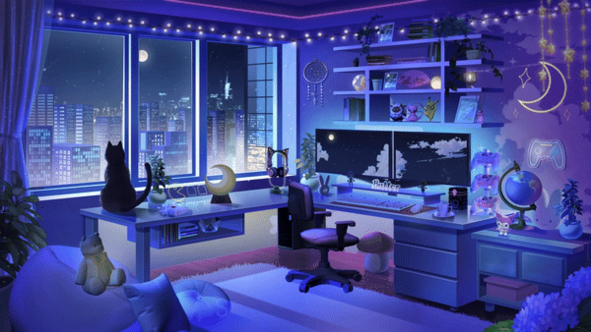 Violett beleuchtetes, gemütliches Streamingzimmer von simsebine bei Nacht