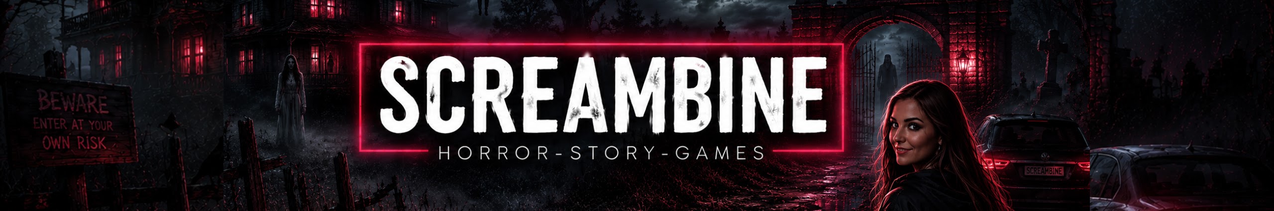 Dunkles Screambine Kanalbanner mit Horrorhaus, rotem Licht und Sabine