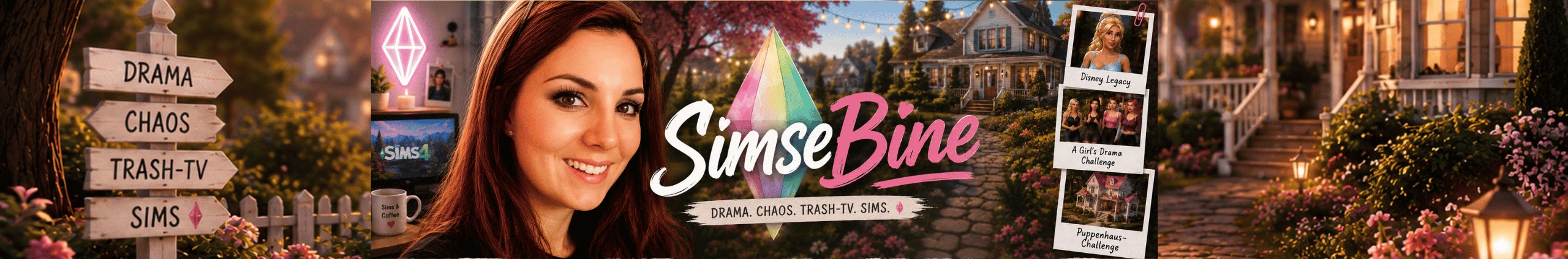 Simsebine Kanalbanner mit Sabine, Sims-Motiven und der Aufschrift Drama, Chaos, Trash-TV, Sims